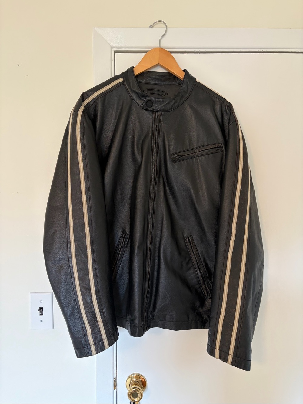 Men's Black Leather Bomber Jacket with Racing Stripes